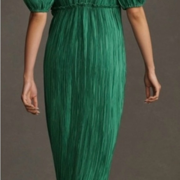 Anthropologie Green Wrap Tie Front Puff Sleeve Midi Dress - Picture 5 of 10